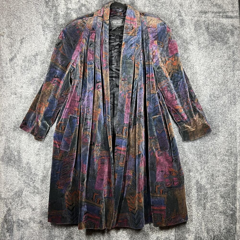Portrait Coat Womens 12 Multicolor Velvet Overcoat Lined Pockets Long Relaxed